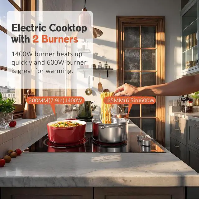 Alt view image 4 of 7 - 2 Burner Electric Cooktop 110V with Plug, 12 Inch Stove Top | Dual Knob & Touch Controls with 9 Power Levels, Timer, Safety Lock and Pause Function Simplify Everyday Cooking