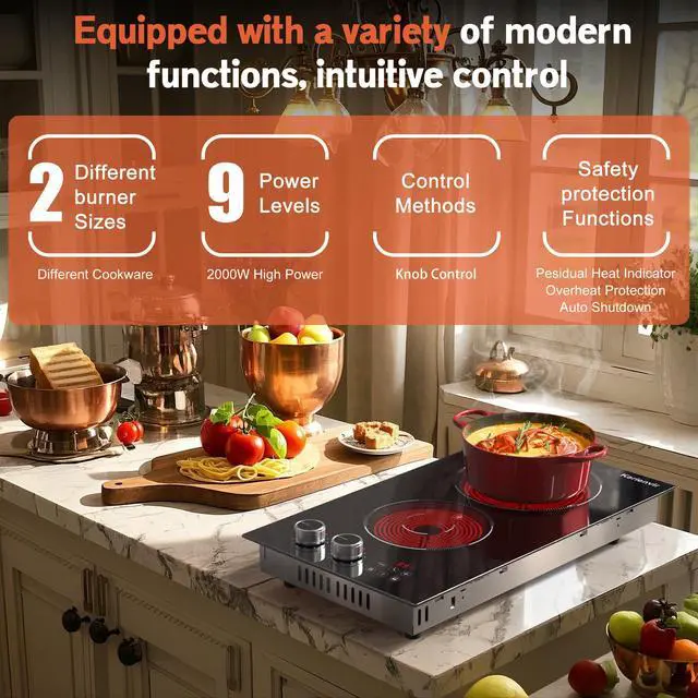 Alt view image 6 of 7 - 2 Burner Electric Cooktop 110V with Plug, 12 Inch Stove Top | Dual Knob & Touch Controls with 9 Power Levels, Timer, Safety Lock and Pause Function Simplify Everyday Cooking