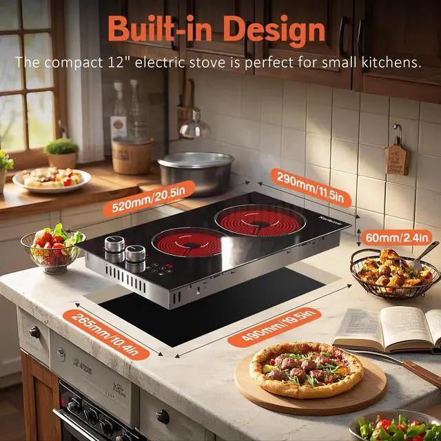 Alt view image 7 of 7 - 2 Burner Electric Cooktop 110V with Plug, 12 Inch Stove Top | Dual Knob & Touch Controls with 9 Power Levels, Timer, Safety Lock and Pause Function Simplify Everyday Cooking