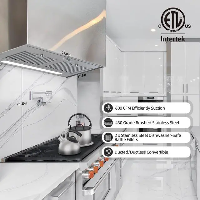 Alt view image 3 of 7 - Range Hood Insert 30 inch, 600 CFM Ducted/Ductless Convertible Kitchen Hood with LED Light, Built-in Vent Hood with 3 Speed Exhaust Fan, Baffle Filters, Stove Hood with Carbon Filters