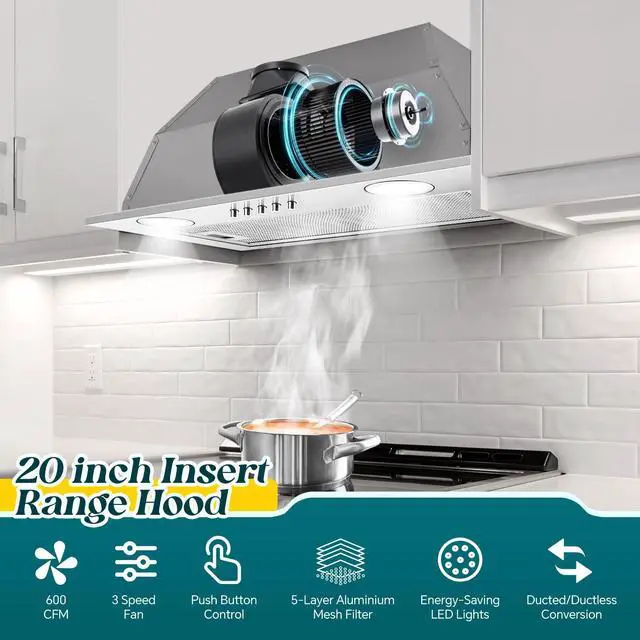 Alt view image 4 of 7 - Range Hood Insert 20 inch, Built-in Kitchen Hood 600 CFM | Ducted/Ductless Convertible, Vent Hood Insert with Mesh Filters, Push Button Control, Stainless Steel Range Hood, 3 Speed Fan