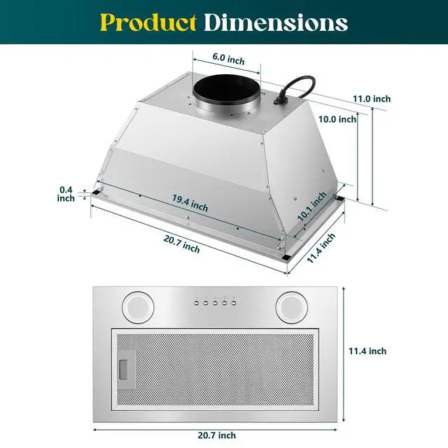 Alt view image 3 of 7 - Range Hood Insert 20 inch, Built-in Kitchen Hood 600 CFM | Ducted/Ductless Convertible, Vent Hood Insert with Mesh Filters, Push Button Control, Stainless Steel Range Hood, 3 Speed Fan