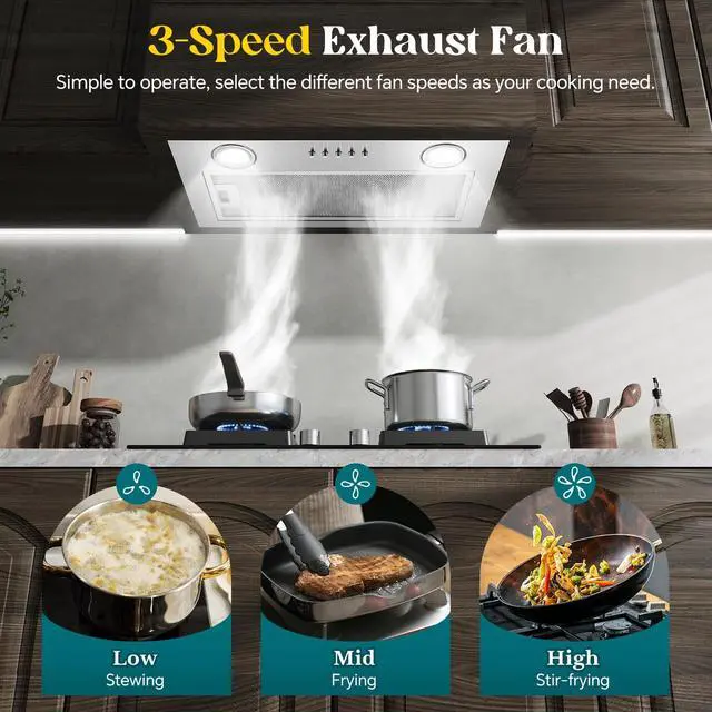 Alt view image 6 of 7 - Range Hood Insert 20 inch, Built-in Kitchen Hood 600 CFM | Ducted/Ductless Convertible, Vent Hood Insert with Mesh Filters, Push Button Control, Stainless Steel Range Hood, 3 Speed Fan