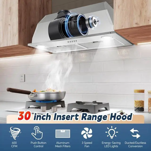 Alt view image 2 of 7 - Range Hood Insert 30 inch Stainless Steel Built-in Kitchen Hood | 600 CFM, Ductless/Ducted Range Hood, Push Button Control, 3-Speed Fan, 2 Pcs Aluminum Filters