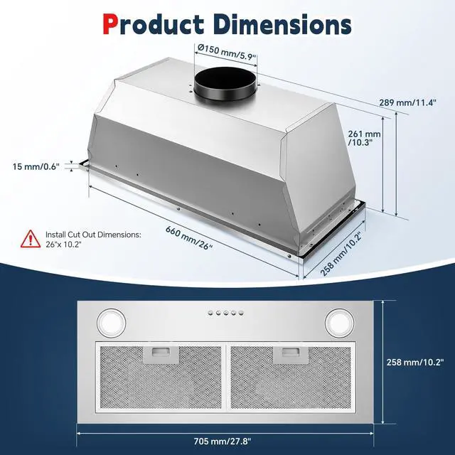 Alt view image 3 of 7 - Range Hood Insert 30 inch Stainless Steel Built-in Kitchen Hood | 600 CFM, Ductless/Ducted Range Hood, Push Button Control, 3-Speed Fan, 2 Pcs Aluminum Filters