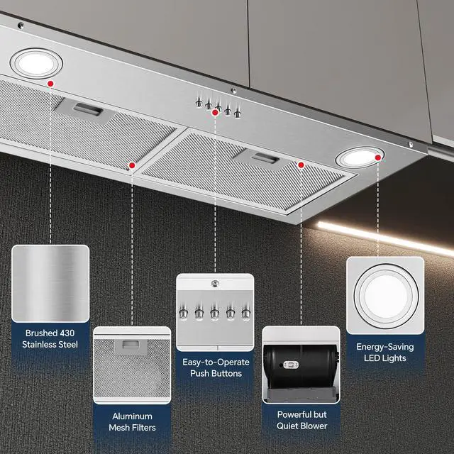 Alt view image 4 of 7 - Range Hood Insert 30 inch Stainless Steel Built-in Kitchen Hood | 600 CFM, Ductless/Ducted Range Hood, Push Button Control, 3-Speed Fan, 2 Pcs Aluminum Filters