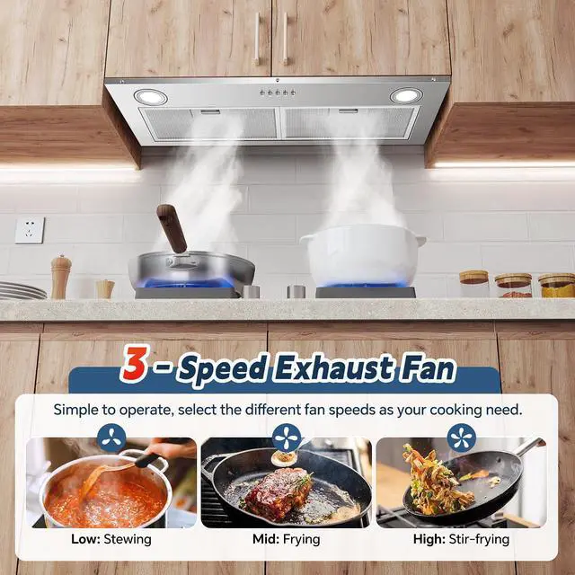 Alt view image 5 of 7 - Range Hood Insert 30 inch Stainless Steel Built-in Kitchen Hood | 600 CFM, Ductless/Ducted Range Hood, Push Button Control, 3-Speed Fan, 2 Pcs Aluminum Filters