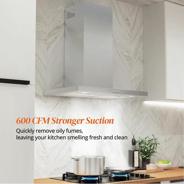 Alt view image 2 of 7 - Wall Mount Range Hood 30 Inch, 600 CFM Ducted/Ductless Convertible Stainless Steel Kitchen Vent Hood with 3 Speed Fan, LED Lights and Push Button Control