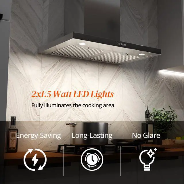 Alt view image 4 of 7 - Wall Mount Range Hood 30 Inch, 600 CFM Ducted/Ductless Convertible Stainless Steel Kitchen Vent Hood with 3 Speed Fan, LED Lights and Push Button Control