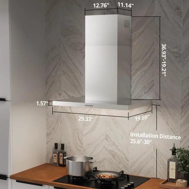 Alt view image 5 of 7 - Wall Mount Range Hood 30 Inch, 600 CFM Ducted/Ductless Convertible Stainless Steel Kitchen Vent Hood with 3 Speed Fan, LED Lights and Push Button Control