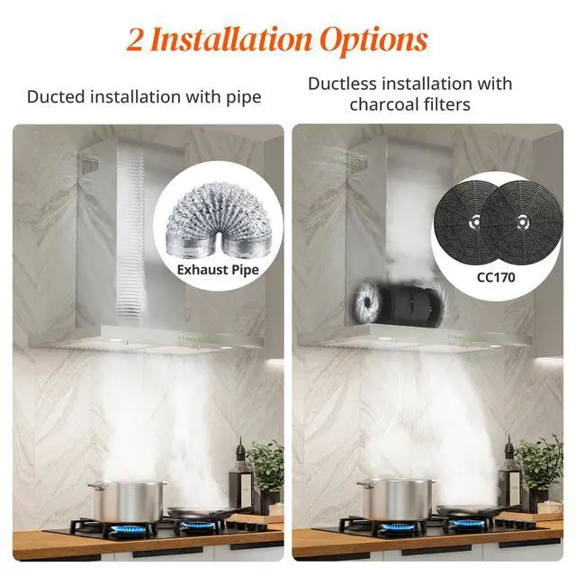 Alt view image 6 of 7 - Wall Mount Range Hood 30 Inch, 600 CFM Ducted/Ductless Convertible Stainless Steel Kitchen Vent Hood with 3 Speed Fan, LED Lights and Push Button Control