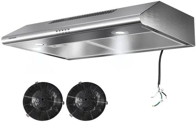 Main image of 30 inch Under Cabinet Range Hood, 400 CFM Dual Motors | Dual Round LED Lights & 2 Charcoal Filters Kitchen Vent, Hardwired with Install Template, Stainless Steel, Ducted/Ductless
