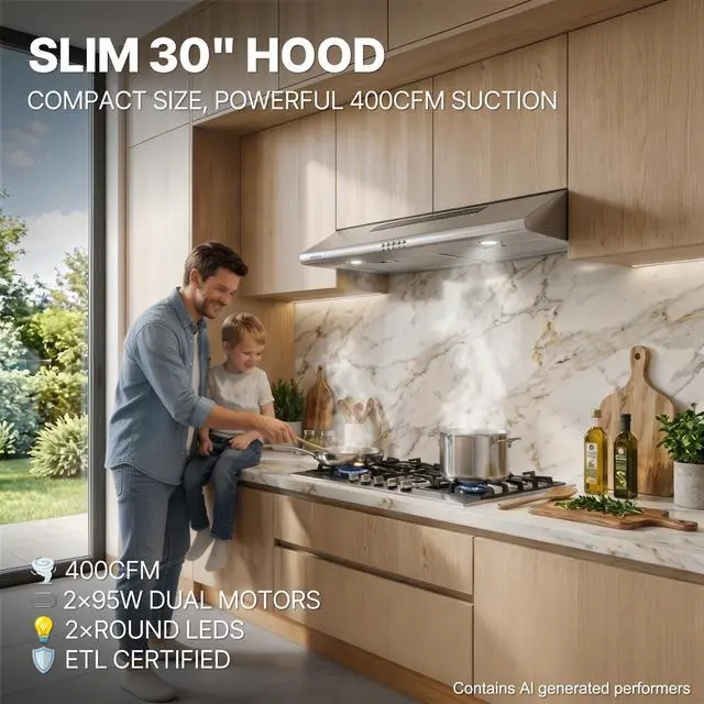 Alt view image 2 of 7 - Under-Cabinet Range Hood 30 inch, 400 CFM Dual Motors | Round LED Lights & 2 Charcoal Filters, Plug-in with Install Template, Stainless Steel, Ducted/Ductless