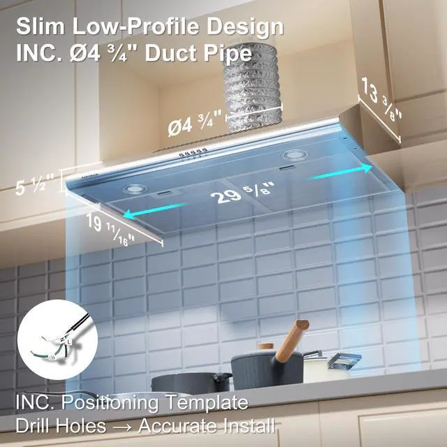 Alt view image 3 of 7 - 30 inch Under Cabinet Range Hood, 400 CFM Dual Motors | Dual Round LED Lights & 2 Charcoal Filters Kitchen Vent, Hardwired with Install Template, Stainless Steel, Ducted/Ductless
