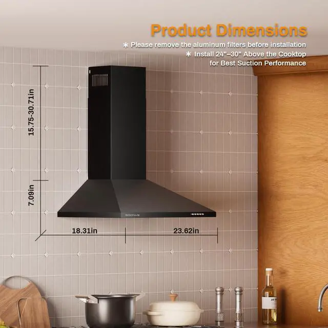 Alt view image 2 of 7 - 24 Inch Wall Mount Range Hood Ducted/Ductless Convertible Kitchen Exhaust Hood with 450 CFM Motor, 3 Speed Fan, LED Lighting and Dishwasher Safe Filters, Matte Black Painted Finish