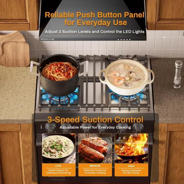 Alt view image 5 of 7 - 24 Inch Wall Mount Range Hood Ducted/Ductless Convertible Kitchen Exhaust Hood with 450 CFM Motor, 3 Speed Fan, LED Lighting and Dishwasher Safe Filters, Matte Black Painted Finish