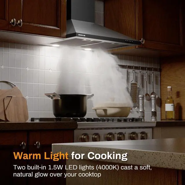 Alt view image 7 of 7 - 24 Inch Wall Mount Range Hood Ducted/Ductless Convertible Kitchen Exhaust Hood with 450 CFM Motor, 3 Speed Fan, LED Lighting and Dishwasher Safe Filters, Matte Black Painted Finish