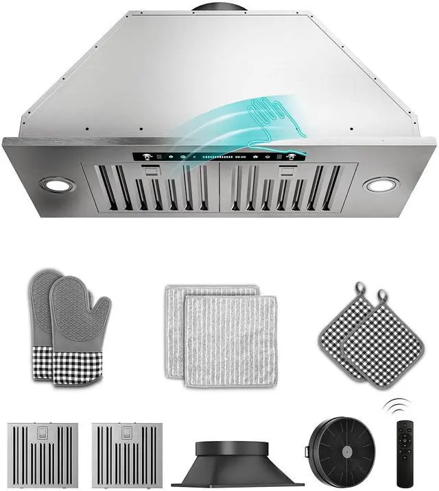 Main image of 30 inch Built in/Insert Range Hood 900 CFM, Stainless Steel | Gesture/Touch/Remote Control, 4-Speed Fan, Ducted/Ductless Convertible, LED Lights, Dishwasher Safe Filters
