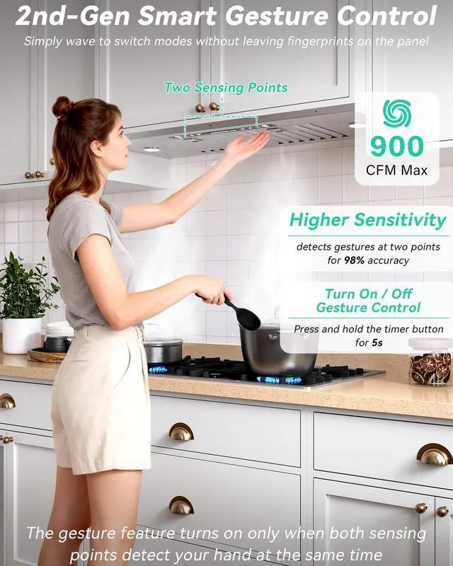 Alt view image 2 of 7 - 30 inch Built in/Insert Range Hood 900 CFM, Stainless Steel | Gesture/Touch/Remote Control, 4-Speed Fan, Ducted/Ductless Convertible, LED Lights, Dishwasher Safe Filters