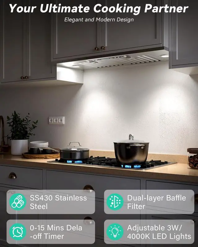Alt view image 3 of 7 - 30 inch Built in/Insert Range Hood 900 CFM, Stainless Steel | Gesture/Touch/Remote Control, 4-Speed Fan, Ducted/Ductless Convertible, LED Lights, Dishwasher Safe Filters