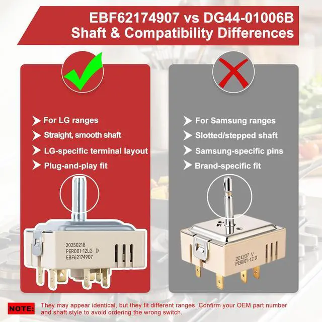 Alt view image 2 of 7 - EBF62174907 Infinite Control Switch Replacement for LG Range Surface Element Replaces EBF62174902, EBF62174904 PER001-12LG D PER001-12S D