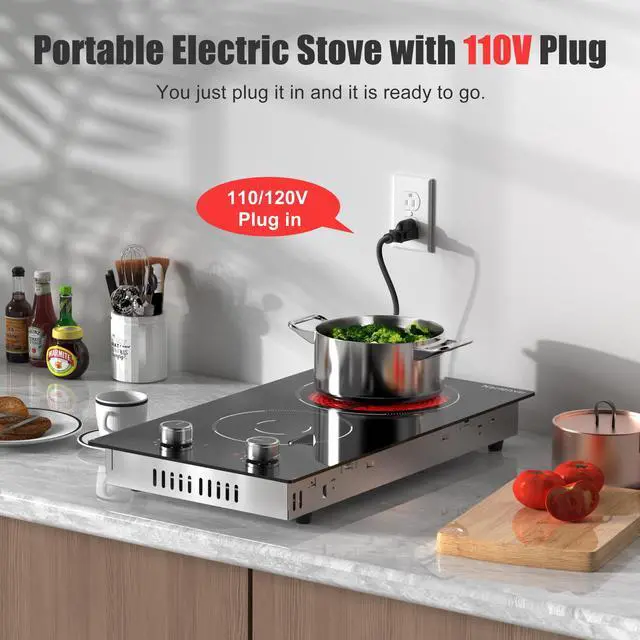 Alt view image 2 of 7 - 2 Burner Electric Cooktop 110v Knob Control | 2000W Two Burner Electric Cooktop with Plug, 12 Inch Countertop Stove Top & Built in, estufas eléctricas de cocina