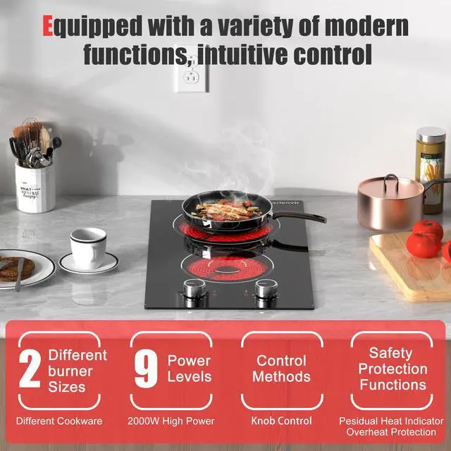 Alt view image 4 of 7 - 2 Burner Electric Cooktop 110v Knob Control | 2000W Two Burner Electric Cooktop with Plug, 12 Inch Countertop Stove Top & Built in, estufas eléctricas de cocina