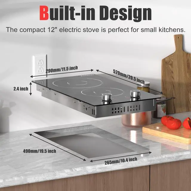Alt view image 7 of 7 - 2 Burner Electric Cooktop 110v Knob Control | 2000W Two Burner Electric Cooktop with Plug, 12 Inch Countertop Stove Top & Built in, estufas eléctricas de cocina