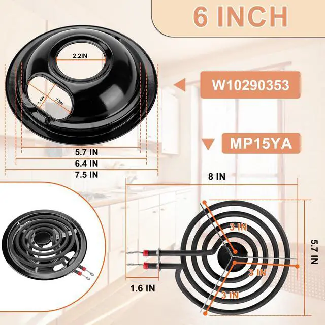 Alt view image 5 of 7 - W10290350 W10290353 Black Porcelain Burner Drip Pan Bowls & MP22YA Electric Range Burner Element Unit Set by -Compatible with Whirl-pool Frigi-daire Ama-na Range Oven/Stove