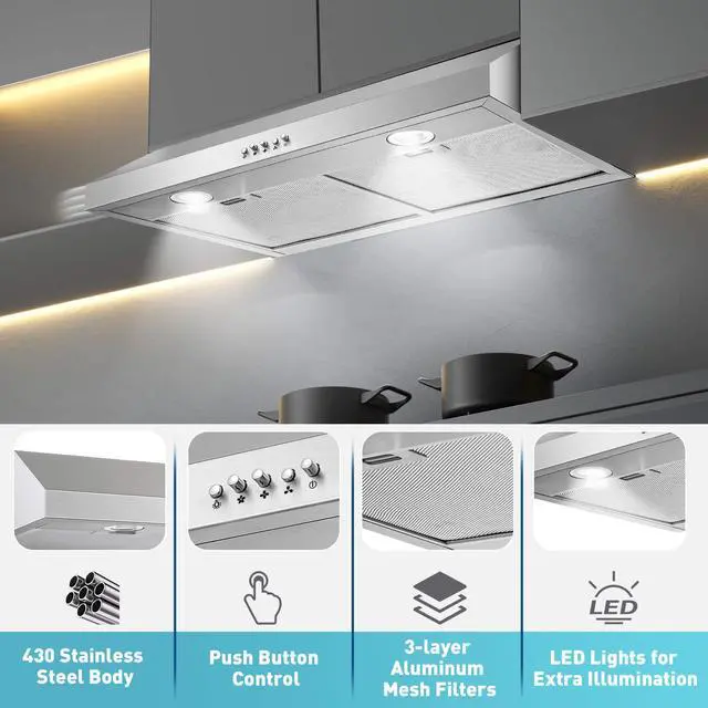 Alt view image 2 of 7 - Under Cabinet Range Hood,30 inch Ductless Range Hood Alterable to Ducted,Stainless Steel Kitchen Exhaust Hood with 700CFM, 3-Speed Fan,Stove Vent and Oven Hood with Button Control