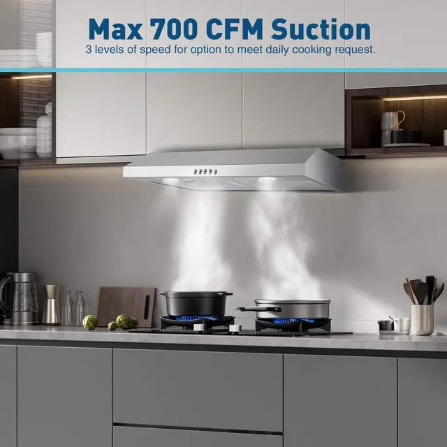 Alt view image 3 of 7 - Under Cabinet Range Hood,30 inch Ductless Range Hood Alterable to Ducted,Stainless Steel Kitchen Exhaust Hood with 700CFM, 3-Speed Fan,Stove Vent and Oven Hood with Button Control