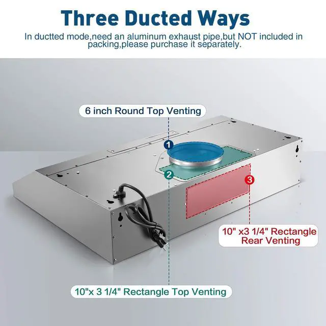 Alt view image 7 of 7 - Under Cabinet Range Hood,30 inch Ductless Range Hood Alterable to Ducted,Stainless Steel Kitchen Exhaust Hood with 700CFM, 3-Speed Fan,Stove Vent and Oven Hood with Button Control