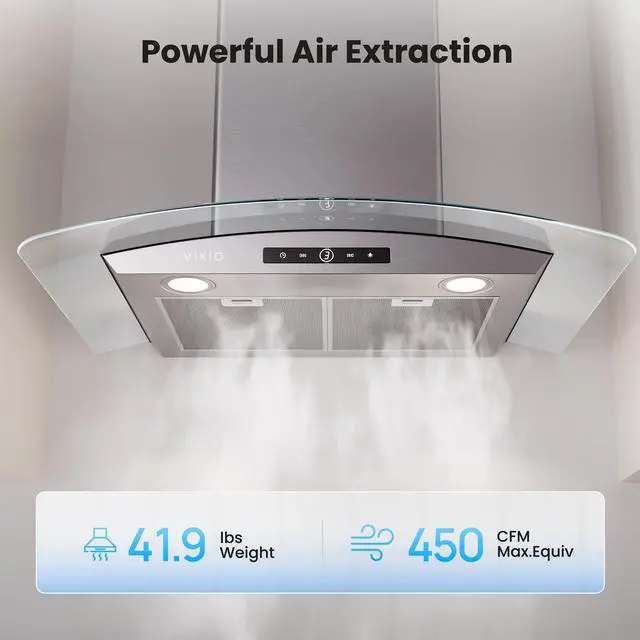 Alt view image 2 of 7 - Wall Mounted Range Hood, 450 CFM Dual Inlet, Curved Glass Kitchen Vent Hood (Metal, 30 inch)