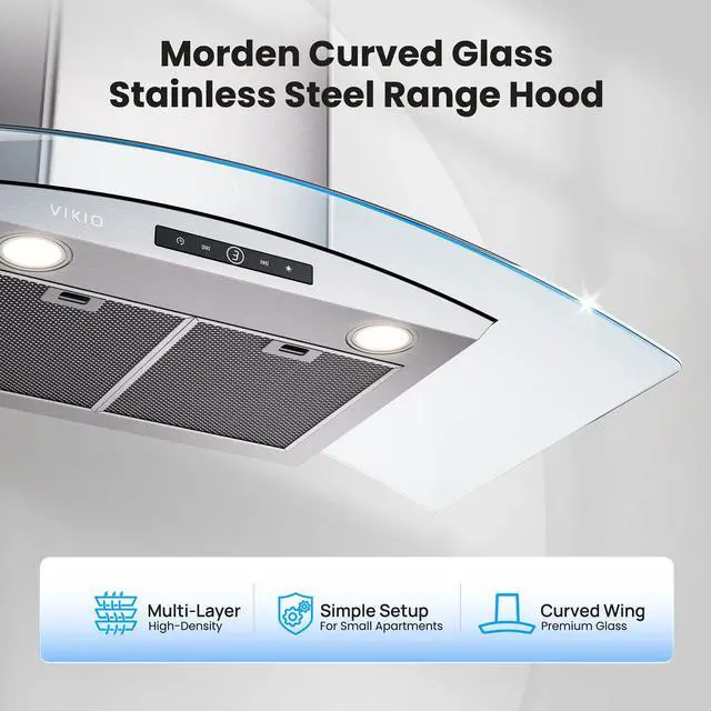 Alt view image 4 of 7 - Wall Mounted Range Hood, 450 CFM Dual Inlet, Curved Glass Kitchen Vent Hood (Metal, 30 inch)