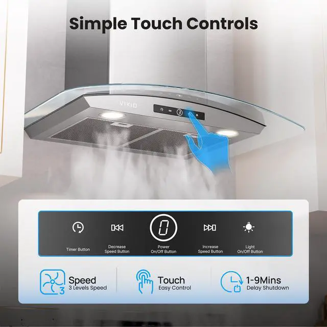 Alt view image 5 of 7 - Wall Mounted Range Hood, 450 CFM Dual Inlet, Curved Glass Kitchen Vent Hood (Metal, 30 inch)
