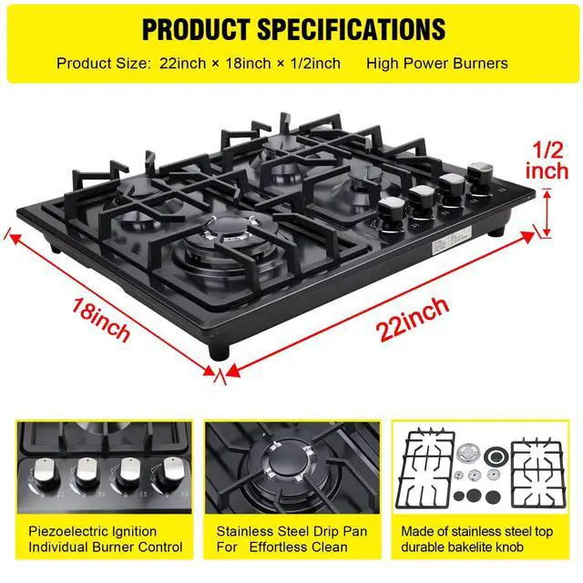 Alt view image 2 of 7 - Gas Cooktop 22InchBuilt in Gas Cooktop 4 Burners Stainless Steel Stove with NG/LPG Conversion Kit Thermocouple Protection and Easy to Clean