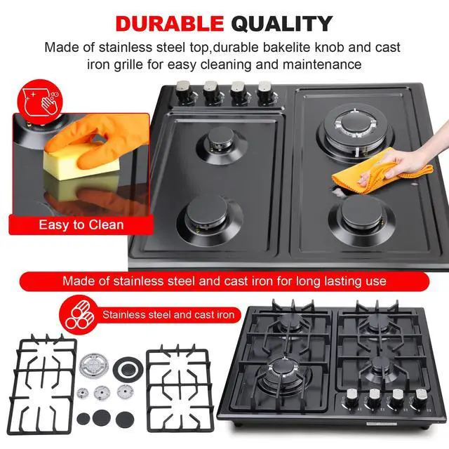 Alt view image 5 of 7 - Gas Cooktop 22InchBuilt in Gas Cooktop 4 Burners Stainless Steel Stove with NG/LPG Conversion Kit Thermocouple Protection and Easy to Clean