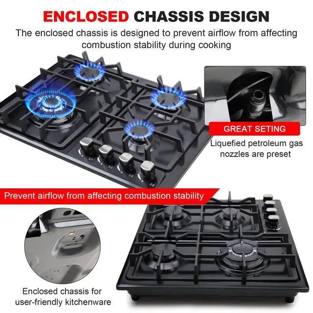 Alt view image 6 of 7 - Gas Cooktop 22InchBuilt in Gas Cooktop 4 Burners Stainless Steel Stove with NG/LPG Conversion Kit Thermocouple Protection and Easy to Clean