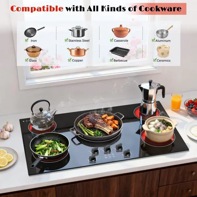Alt view image 5 of 7 - 36 inch Electric Cooktop, 5 Burner Radiant Ceramic Cooktop,Drop-in | Knob & Touch Control, 9200W, 220-240V Hardwire, No Plug, Built-in Stove Top, 9 Power Levels, Timer, Child Lock, Pause, Black