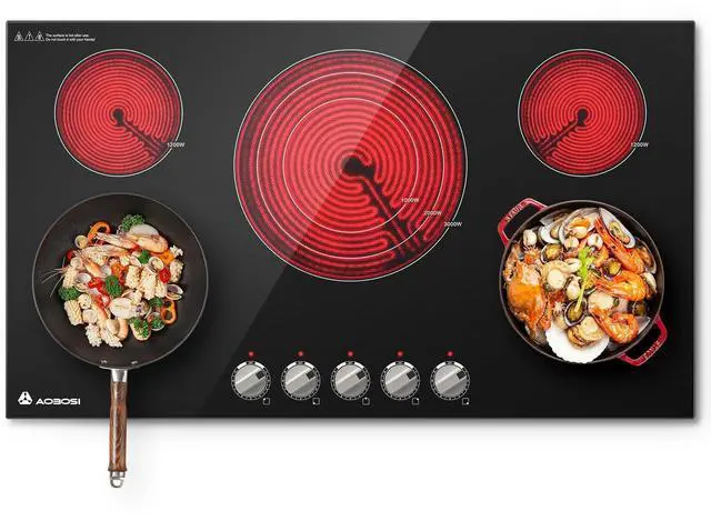 Main image of 36 Inch Electric Cooktop, 5 Burner 9000W Built-In Ceramic Stove Top with Knob Controls, 9 Heat Levels, Child Lock and Timer, 220-240V Hardwired, ETL&FCC, No Plug