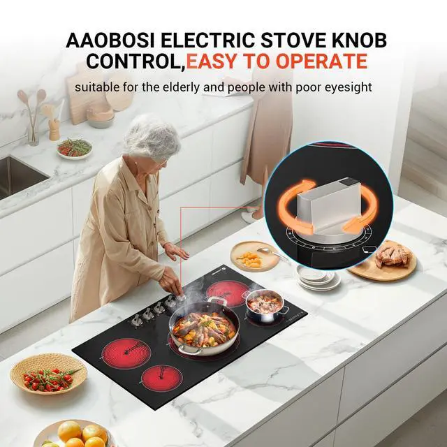 Alt view image 2 of 7 - 36 Inch Electric Cooktop, 5 Burner 9000W Built-In Ceramic Stove Top with Knob Controls, 9 Heat Levels, Child Lock and Timer, 220-240V Hardwired, ETL&FCC, No Plug