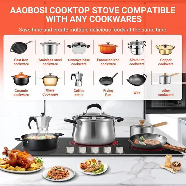 Alt view image 3 of 7 - 36 Inch Electric Cooktop, 5 Burner 9000W Built-In Ceramic Stove Top with Knob Controls, 9 Heat Levels, Child Lock and Timer, 220-240V Hardwired, ETL&FCC, No Plug
