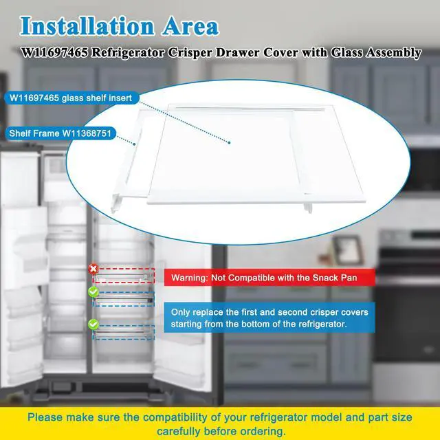 Alt view image 4 of 7 - W11368751, W11697465 Refrigerator Crisper Drawer Cover Assembly (Frame+Glass) Compatible with for whirlpool, maytag, ikea, replaces W10905531, W10904001 Shelf Frame and W11449890 Glass Shelf