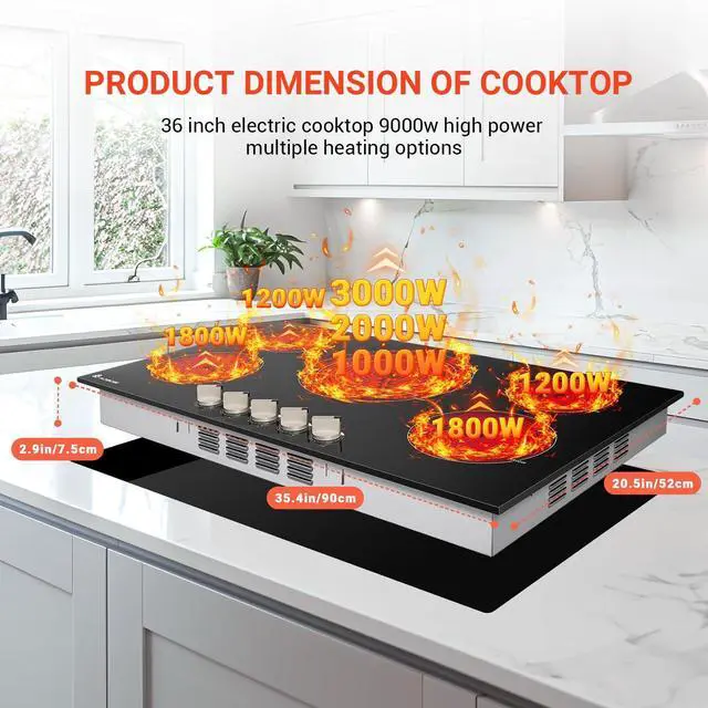 Alt view image 5 of 7 - 36 Inch Electric Cooktop, 5 Burner 9000W Built-In Ceramic Stove Top with Knob Controls, 9 Heat Levels, Child Lock and Timer, 220-240V Hardwired, ETL&FCC, No Plug