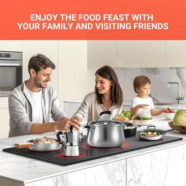Alt view image 6 of 7 - 36 Inch Electric Cooktop, 5 Burner 9000W Built-In Ceramic Stove Top with Knob Controls, 9 Heat Levels, Child Lock and Timer, 220-240V Hardwired, ETL&FCC, No Plug