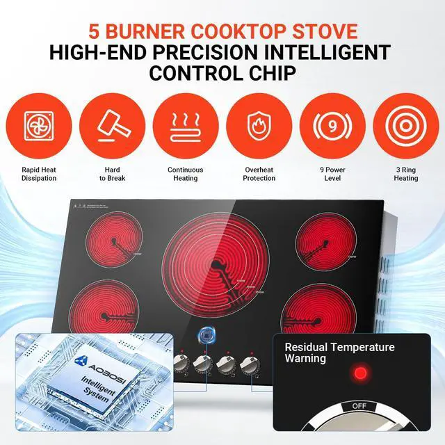 Alt view image 7 of 7 - 36 Inch Electric Cooktop, 5 Burner 9000W Built-In Ceramic Stove Top with Knob Controls, 9 Heat Levels, Child Lock and Timer, 220-240V Hardwired, ETL&FCC, No Plug