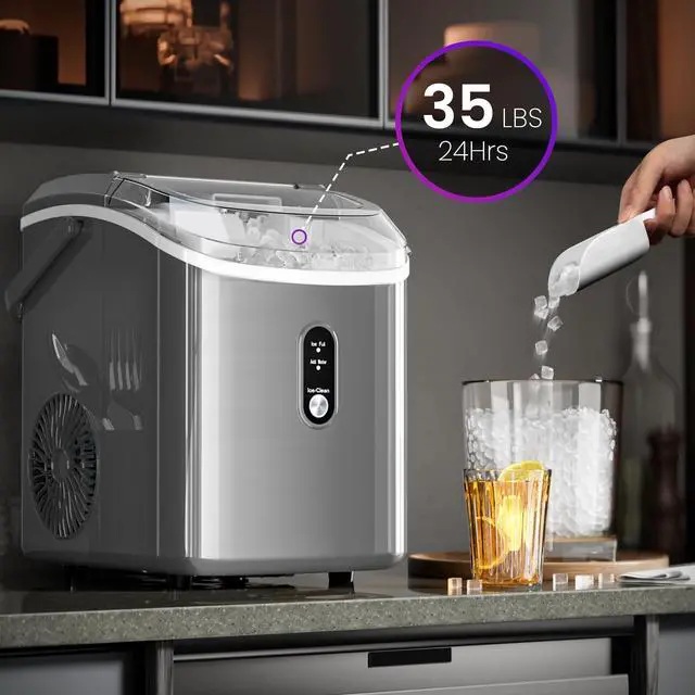 Alt view image 2 of 7 - Nugget Ice Makers Countertop,35Lbs/24H,Portable Ice Machine with Crushed Ice,Self-Cleaning Function,One-Click Operation for Home/Office(Grey)