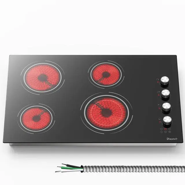 Main image of 30 Inch Electric Cooktop, 6700W 240V Hard Wired, Silver Knob | 4 Burner Electric Stove 30 Inches Built-in, Timer, Safety Lock, Dual Ring, Cut-out Size: 29.13" x 19.3", 220V No Plug