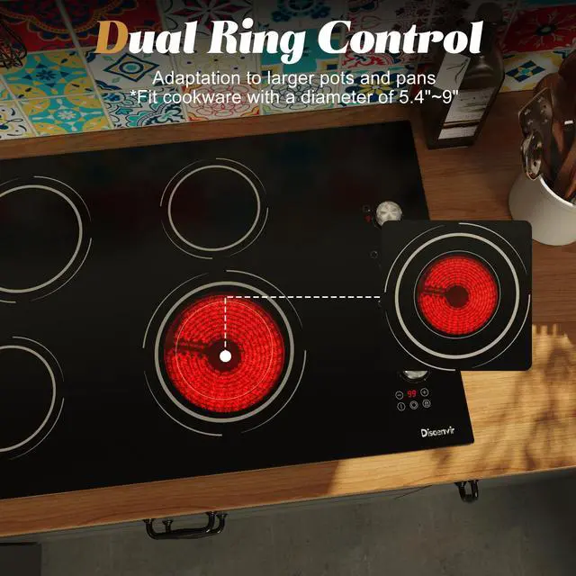 Alt view image 3 of 7 - 30 Inch Electric Cooktop, 6700W 240V Hard Wired, Silver Knob | 4 Burner Electric Stove 30 Inches Built-in, Timer, Safety Lock, Dual Ring, Cut-out Size: 29.13" x 19.3", 220V No Plug
