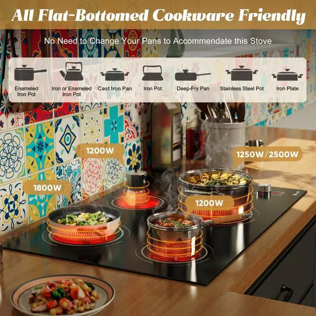 Alt view image 4 of 7 - 30 Inch Electric Cooktop, 6700W 240V Hard Wired, Silver Knob | 4 Burner Electric Stove 30 Inches Built-in, Timer, Safety Lock, Dual Ring, Cut-out Size: 29.13" x 19.3", 220V No Plug